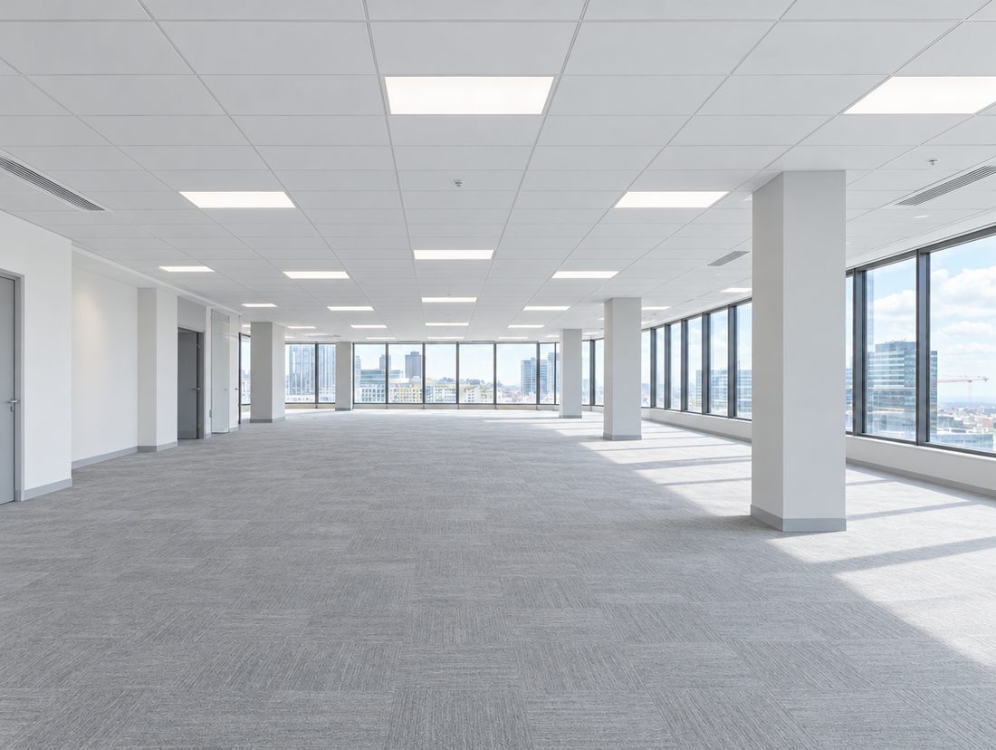 Büroetage nach dem Ausbau mit neuer Decke, weißen Wänden und Teppichboden