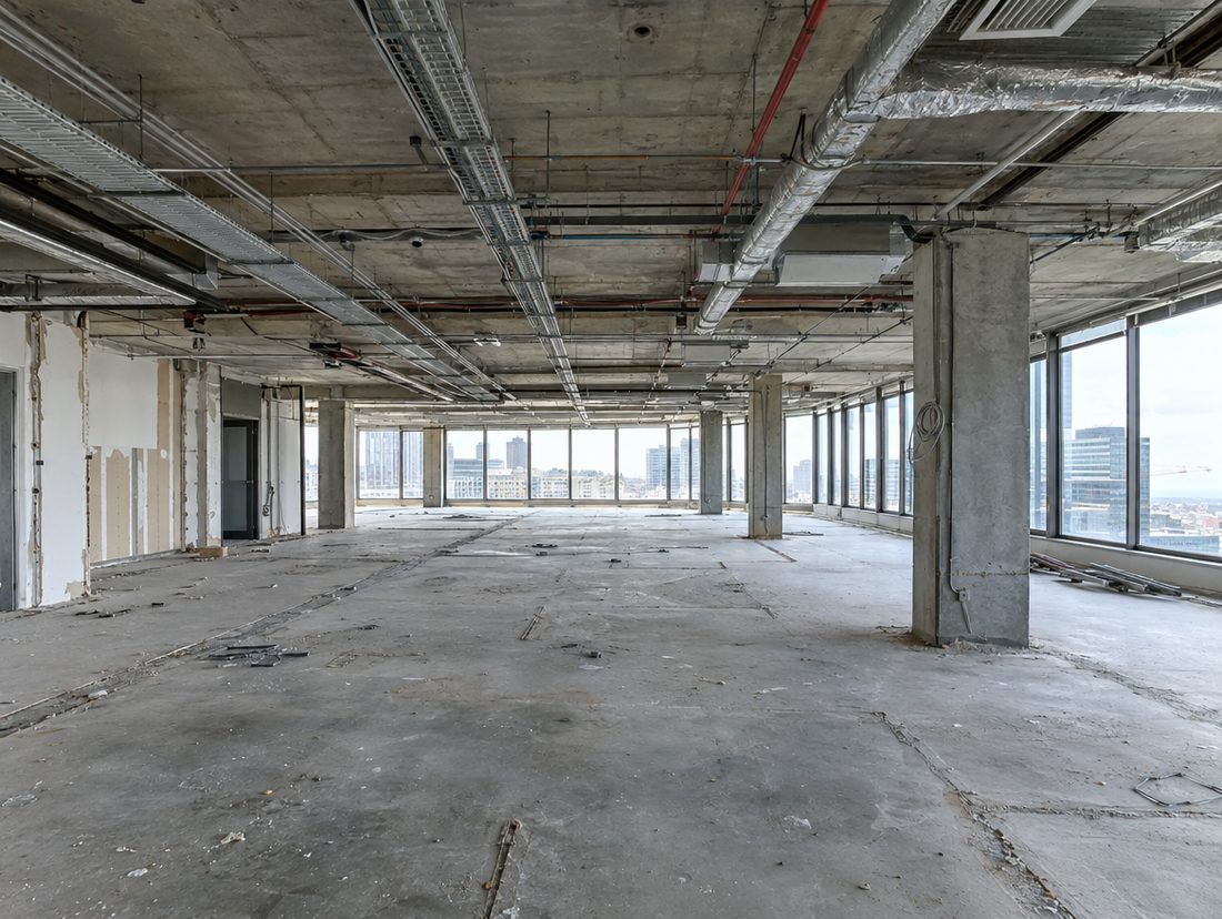 Büroetage nach der Entkernung mit freiliegender Betondecke