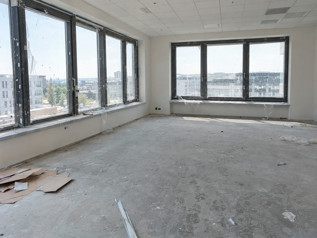 Büroraum nach Abschluss der Bauarbeiten mit Staub, Farbspritzern und Folienresten